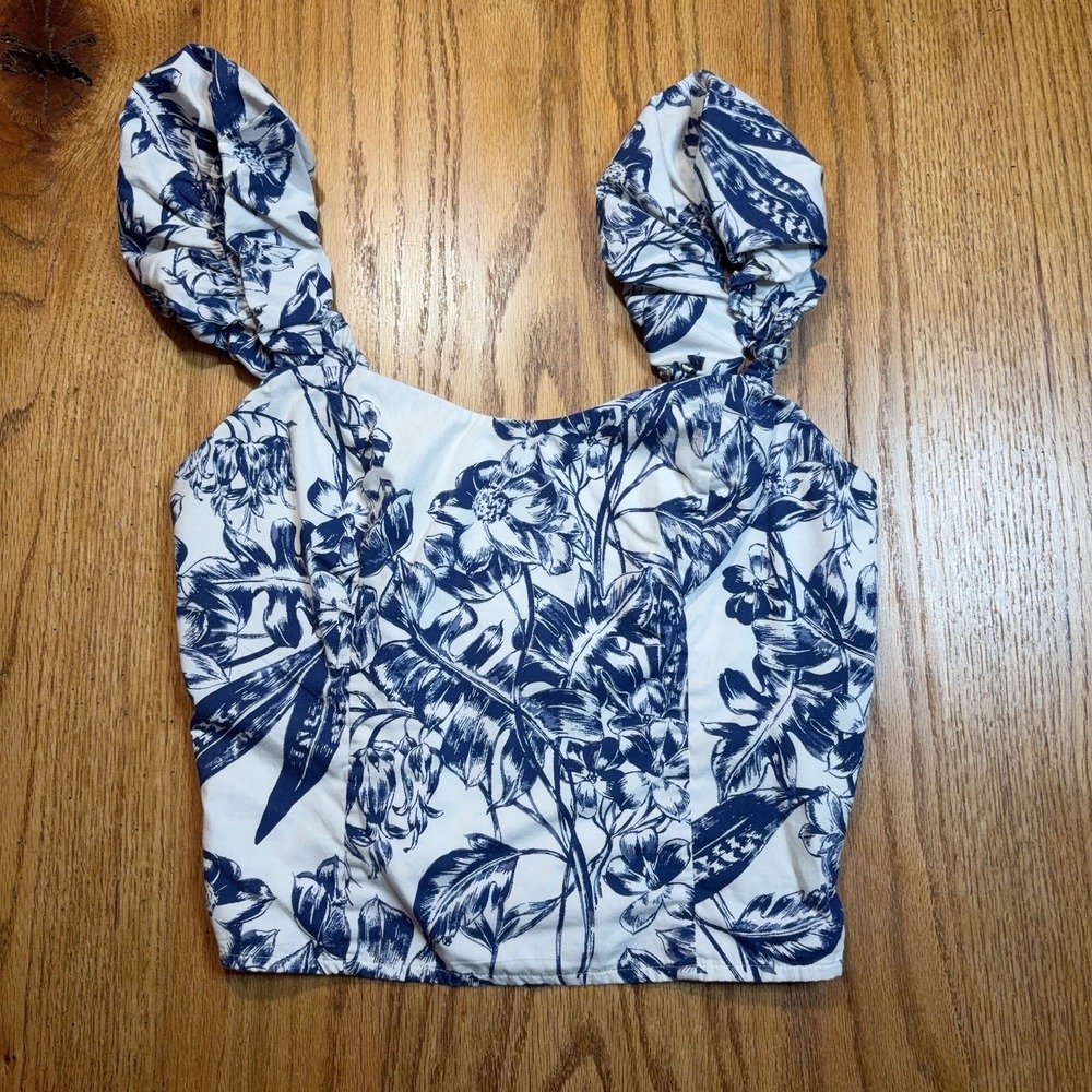 Abercrombie & Fitch‎ Floral Ruffle Sleeve Top Womens Med Blue White Floral Crop